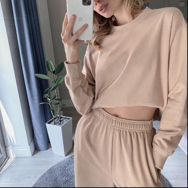 

2021 autumn casual women set green long sleeve shirt loose and pants bottom home two piece sets khaki sweatpants, Gray