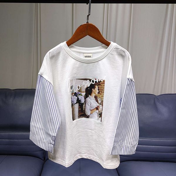 

girls' foreign middle school t-shirt korean splicing round neck long sleeve 2021 spring new children's wear, Blue