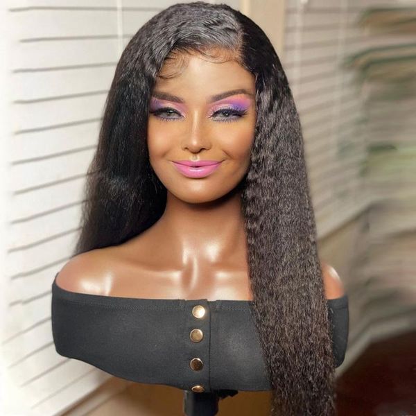 

synthetic wigs kinky straight wig medium length with straps for women baby hair glueless high temperature fiber, Black