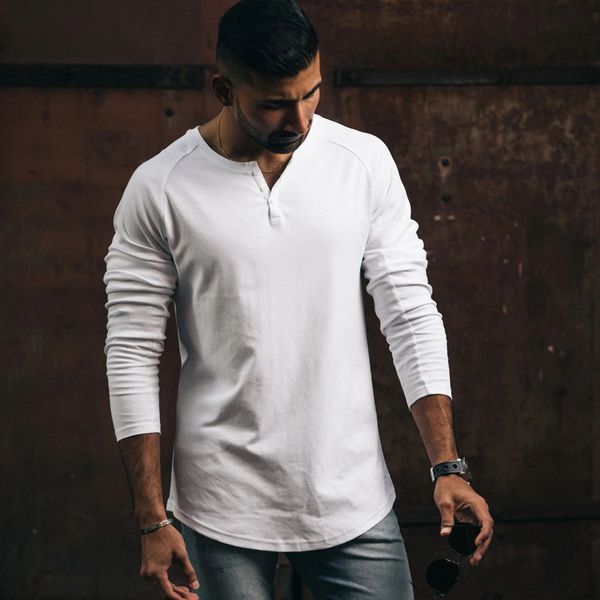 

2021 new casual long sleeve cotton t-shirt men gym fitness bodybuilding workout slim t shirt male solid tee sport training clothing p6r, White;black