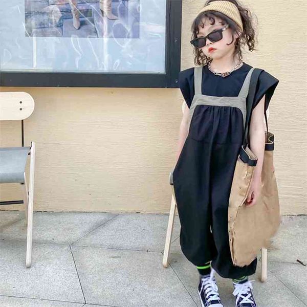 

summer girls' clothing sets korean style round neck t-shirt + overalls 2pcs baby kids clothes suit children 210625, White
