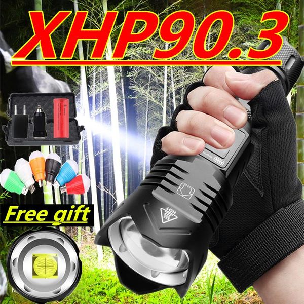 As lanternas tochas super brilhantes XHP90.3 LED Ultra Torch Camping Bicicleta Zoomable leve à prova d'água com 18650 26650 bateria