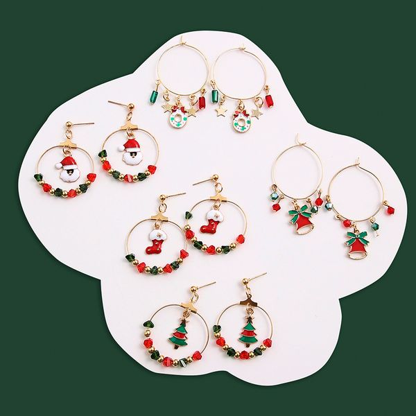 À la mode géométrique père noël bas balancent boucles d'oreilles pour femmes rondes perles colorées cloche grandes boucles d'oreilles bijoux cadeaux de noël