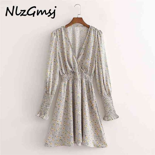 

dress woman fashion women flowers print pleated arrival long sleeve ladies v neck mini vestidos 210628, Black;gray