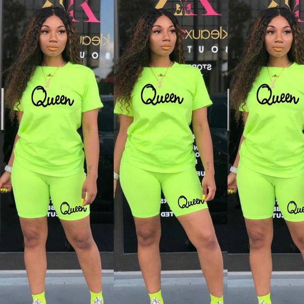

two piece queen letter summer women set short sleeved crew neck t shirt and tight fitting shorts simple style tracksuit outfit, Gray