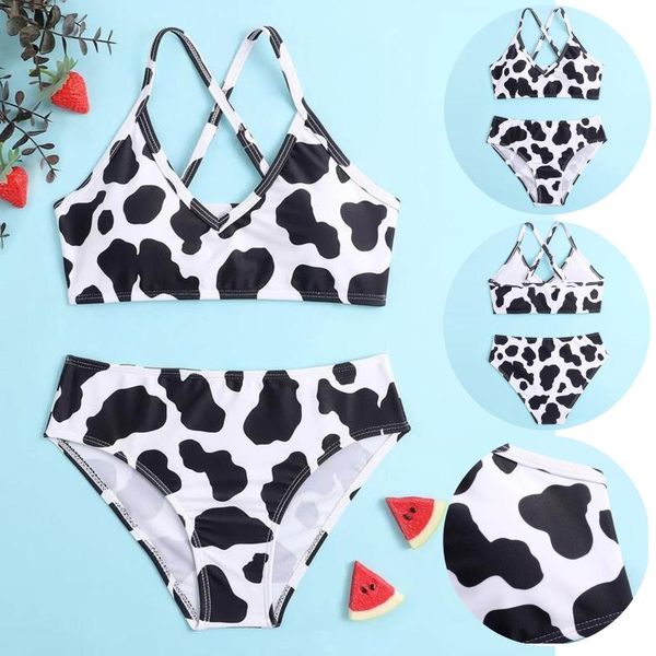 

one-pieces #vw 8-14y summer girl bikini set cute crisscross back cow floral print two-piece swimsuit beach wear children's swimwear, Black