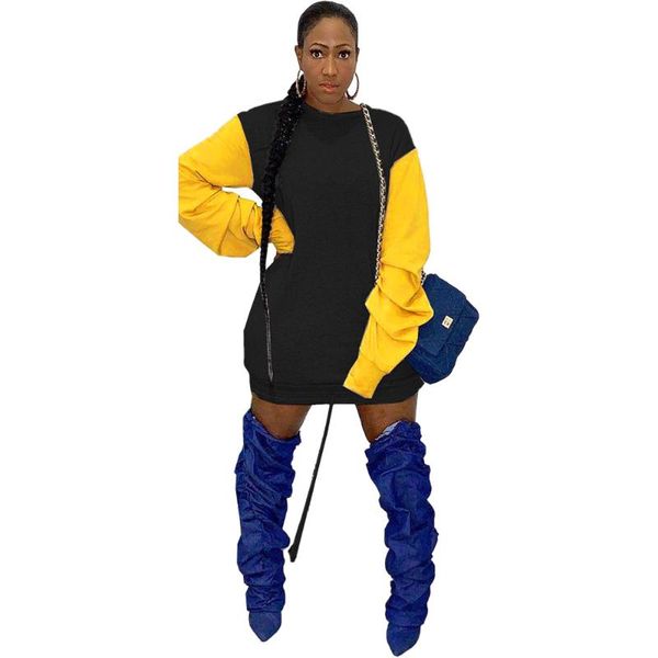 

casual womens sweater dresses new arrival 2021 o neck long sleeve mini dress club wear lace up patchwork ruched dress, Black;gray