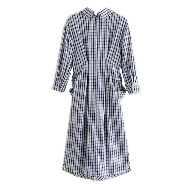 

2021 fashion long sleeve colored gingham plaid dress vintage woman knik ruched asymmetry slit long shirt dresses vestidos, White