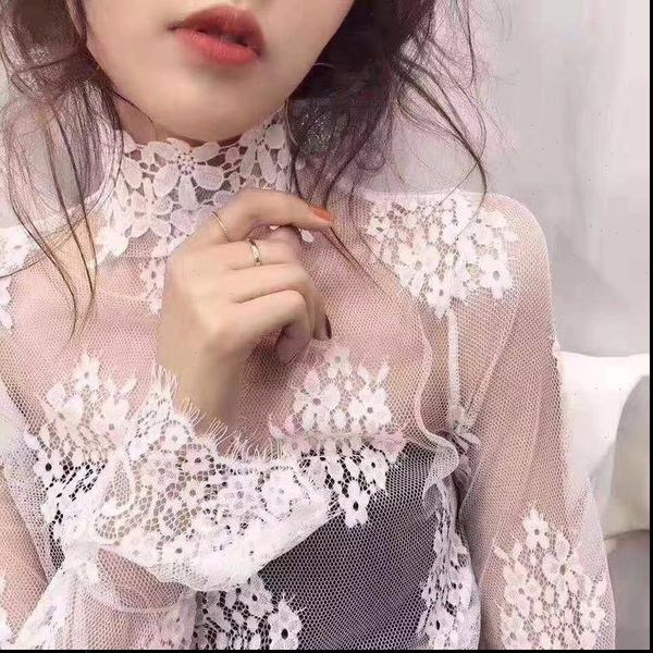

lace bottoming shirt women spring summer new horn long sleeved mesh gauze thin stand up collar shirt crocheted hollow shirt, White