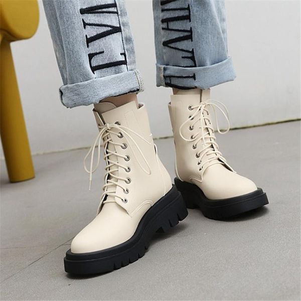 

boots pxelena plus size 34-43 shoes women 2021 autumn winter lace up chunky heels platform army military combat, Black