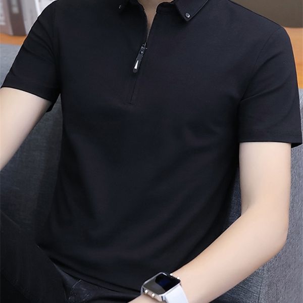 

liseaven men turn-down collar t-shirts slim fit cotton t shirts solid color short t-shirt men's casual shirt homme 210317, White;black