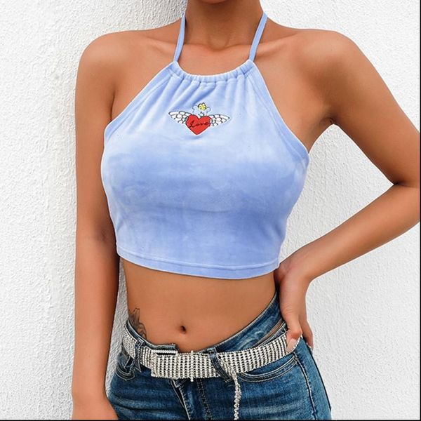 

2021 summer tank vest women floral halter sleeveless embroidery lace up stretch crop vest ladies camisole shirts, White