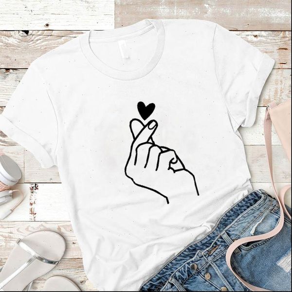 

women lady t shirt finger heart printed tshirt ladies short sleeve loose tee shirt women female clothes graphic t shirt, White