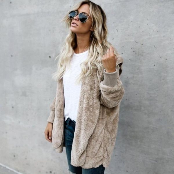 

women's wool & blends women long fake fur coat in warm clothes autumn and winter sleeve turn-down collar khaki grey black ladies coats