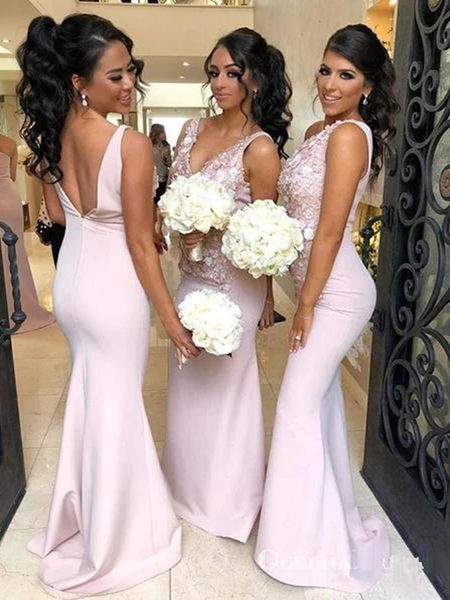 

rose pink v neck bridesmaid dresses long mermaid sleeveless zipper back wedding maid of honor gowns 3d flowers, White;pink