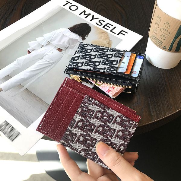 

wallet first layer cowhide ultra-thin card bag women's small ck2021 short leather canvas jacquard exquisite zero, Red;black