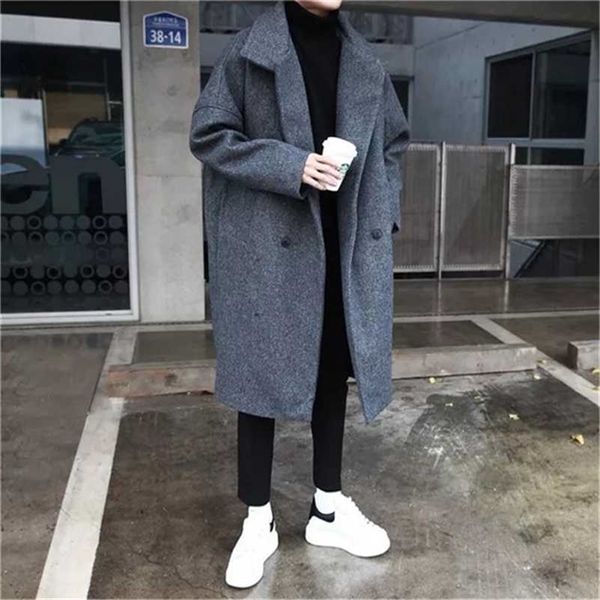 Случайные черные / серые пальто наручной веткой зима мужская мода Trend шерстяная смесь сгущает Parkas Свободные кашемиры длинные пальто M-XL 211222