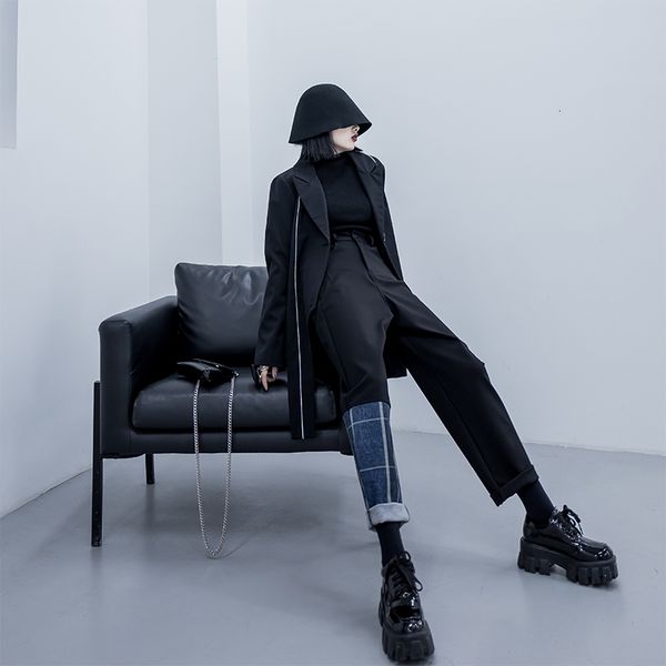 

2021 new denim patchwork long women trousers black straight leg high waist fashion korean pants hjds, Black;white