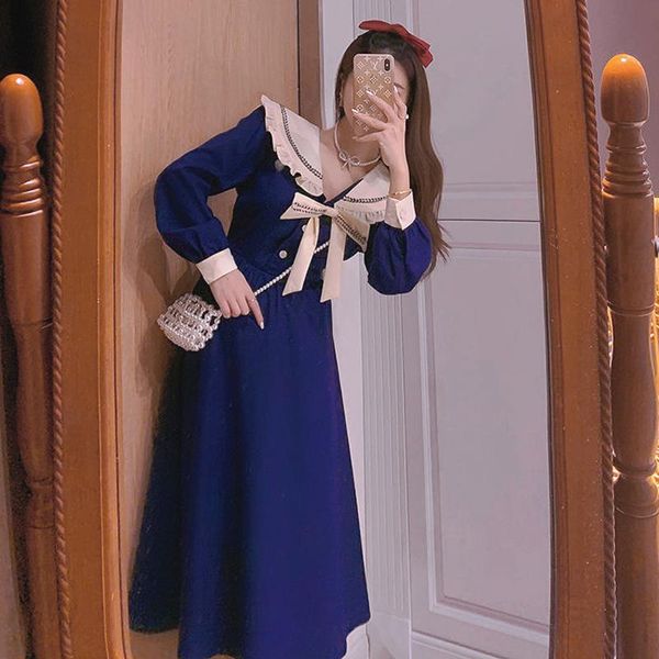 

casual dresses kawaii midi dress women sailor collar long sleeve french elegant vintage party female one piece korean 2021 spring, Black;gray