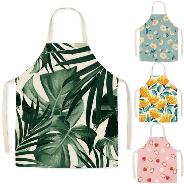 

aprons tropical palm leaves cleaning art home cooking flowers kitchen apron cook wear cotton linen bibs 75x65cm