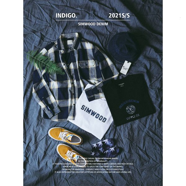 

2021 2021spring new indigo plaid shirts men denim casual plus size 100% shirt brand clothing sk130062 b6ri, White