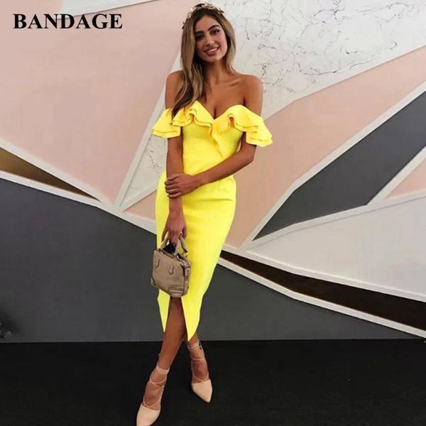 

casual dresses bandage black yellow white ruffles women boutiques elegant off shoulder evening party dress bodycon vestidos clubwear, Black;gray
