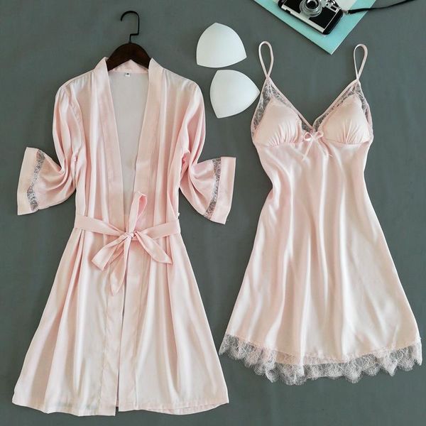 

pink 2pc pajamas sleep set women lace nightwear kimono robe gown suit v-neck sleepwear strap home clothing negligee, Black;red