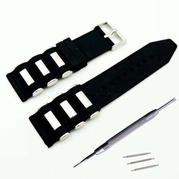 

watch bands soft silicone rubber and stainless steel band 22mm 24mm 26mm strap waterproof watchband + tool, Black;brown