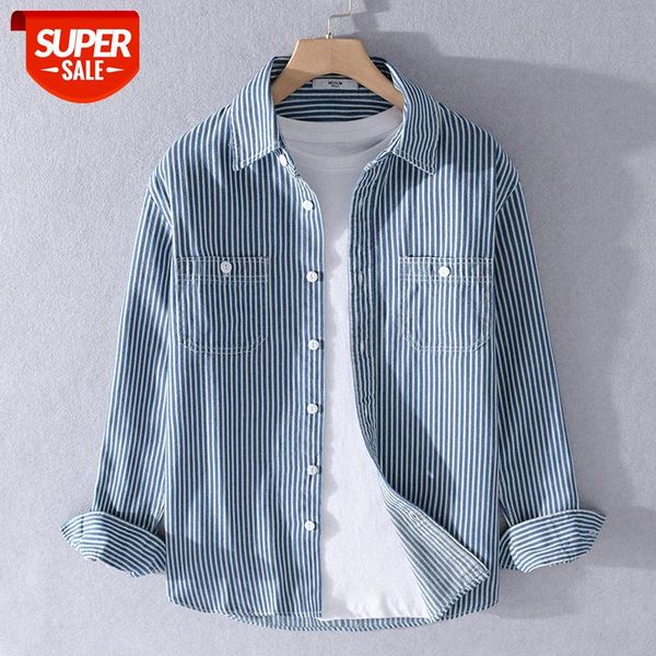 

men's casual long-sleeved denim striped shirt fashion trendy wild loose fresh youth cotton jacket 9367 #ug9k, White;black