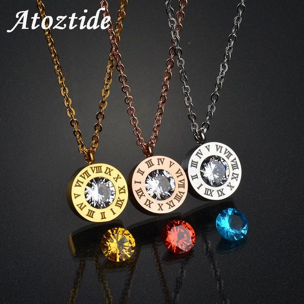 

pendant necklaces atoztide charm stainless steel interchangeable roman numbers necklace + 7 colors big cubic zirconia gold chain, Silver