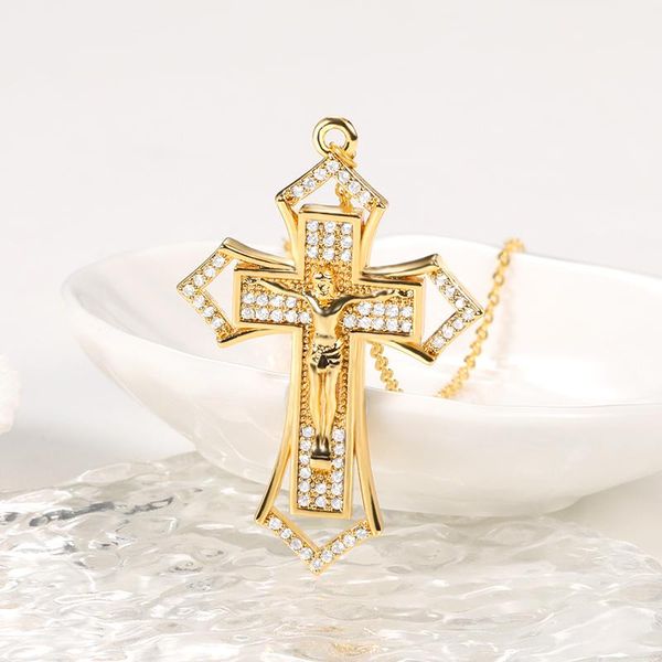 

pendant necklaces exquisite zircon cross necklace vintage women's jewelry amulet plated jesus men's chain zodiac bff, Silver