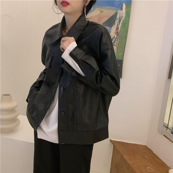 

leather jacket women loose jackets coats female casual button pocket outwear thin korean fashion clothing autumn 2021 outdoor, Black;brown