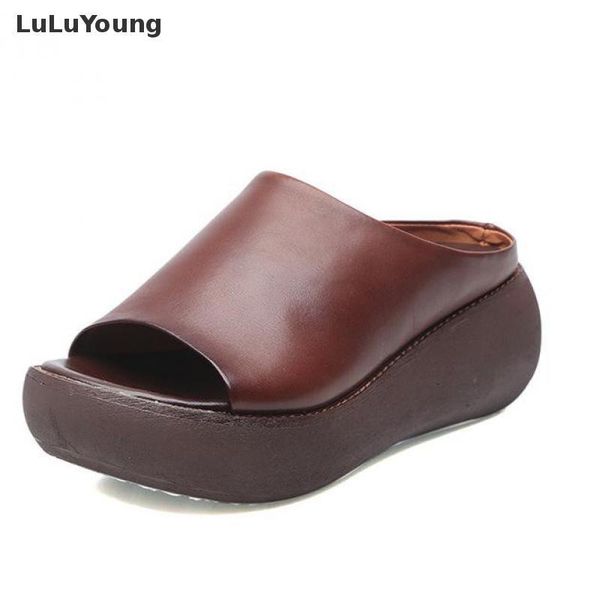 

dress shoes summer woman sandals genuine leather handmade ladies beach shoe wedges platform pee toe womens, Black