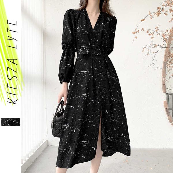 

women chiffon dress spring summer french style black printed bubble sleeve dresses vestidos mujer female 210608, Black;gray