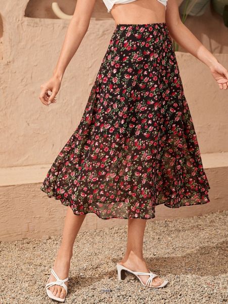 

high waist allover floral print skirt p6wd#, Black