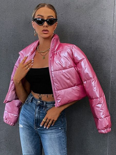 

drawstring hem zipper crop puffer coat 55go#, Black