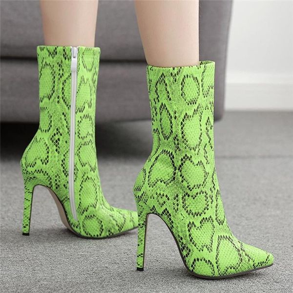 

boots botas mujer invierno 2021 retro leather high-heeled snake skin ankle boot pointed toe zip short women #5, Black