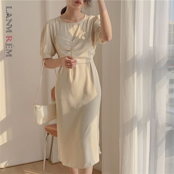 

korean style summer dress for women short puff sleeve round neck slim a-line long dresses ladies elegant clothing 2d1730 210526, Black;gray