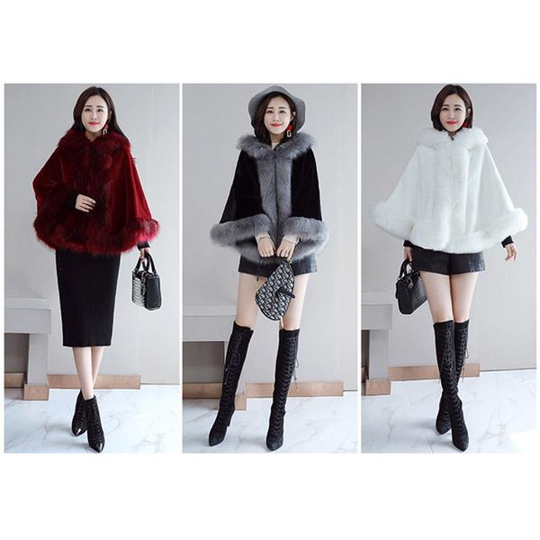 

women's wool & blends women fashion faux fur collar hood poncho coat cloak overcoat warm for winter drop, Black