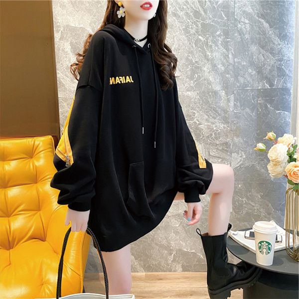 

2021 spring new women's fashion casual zipper letter print hoodies mid length hooded sweatshirt 0a77, Black
