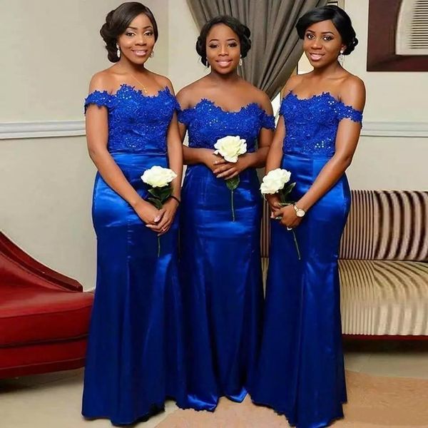 Vestidos de dama de honra azul royal Apliques de renda plus size vestido de convidado de casamento para garotas negras fora da sereia da sereia da dama de honra Custome
