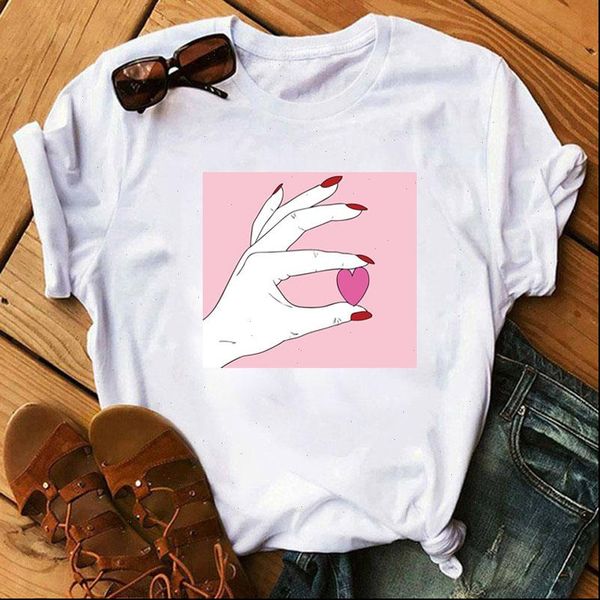 

summer new fashion pink background hand pink heart print women t shirt friends tshirt female casual cotton clothes, White