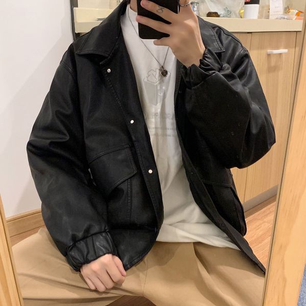 

2021 new men's long pu short jacket casual loose black color coats leather clothes single-breasted outerwear plus size m-2xl 8i5a
