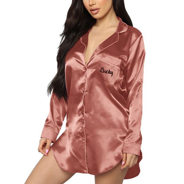 

womens sexyy home pajamas womens solid color polyester letter embroidery lapel long-sleeved shirt red/purple/black/pink, Red;black