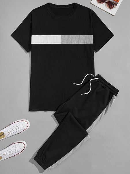 

men colorblock tee & drawstring waist sweatpants 721y#, Gray