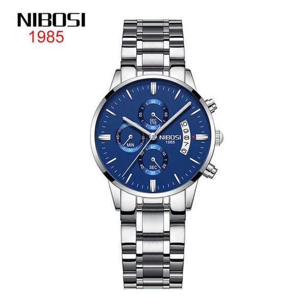 

12 style nibosi women's watch 2020 foreign trade stainless steel double button fashion watch round quartz 36mm silver shell blue dail, Slivery;brown