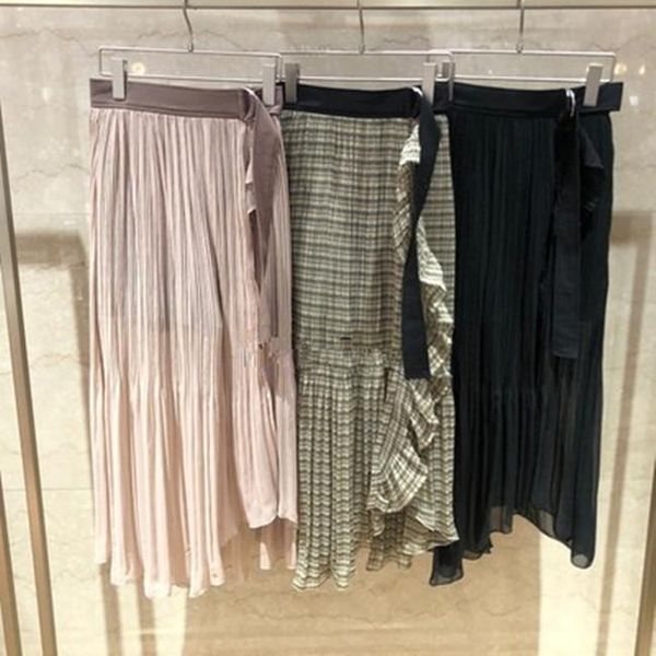 

skirts wzfs2021 early spring japanese irregular slit double side belt mid length skirt, Black