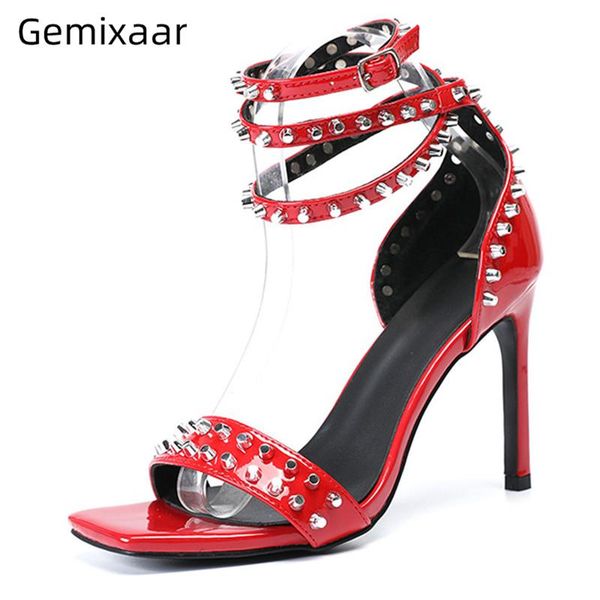 

bright patent leather rivet summer shoes 10cm thin heels ankle strappy cover heel square open toe gladiator sandals women, Black