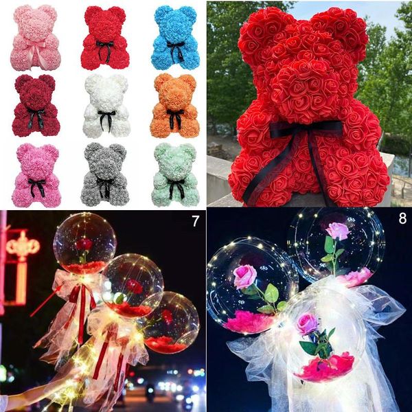 

valentines gift 25cm red rose teddy bear flower artificial decoration women valentines gift led light with rose flower balloons