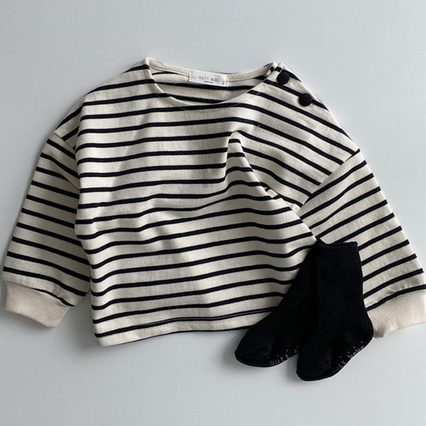 

striped neck 2020 long korean round wear sleeve t-shirt children's shoulder open button casual base shirt spri, Black;white